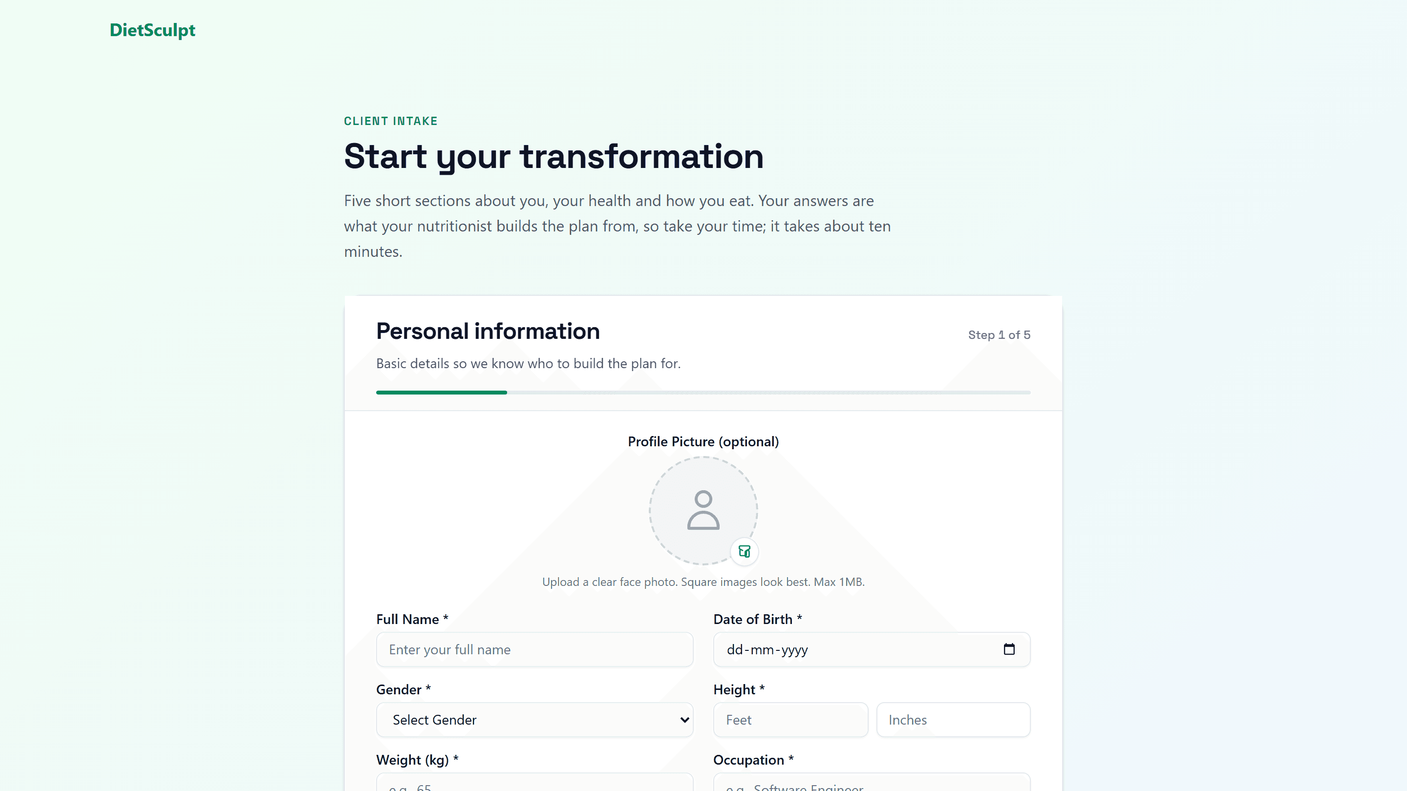 The DaaS client intake form, branded for a business, showing step one of five with a progress bar and fields for name, date of birth, gender and height.