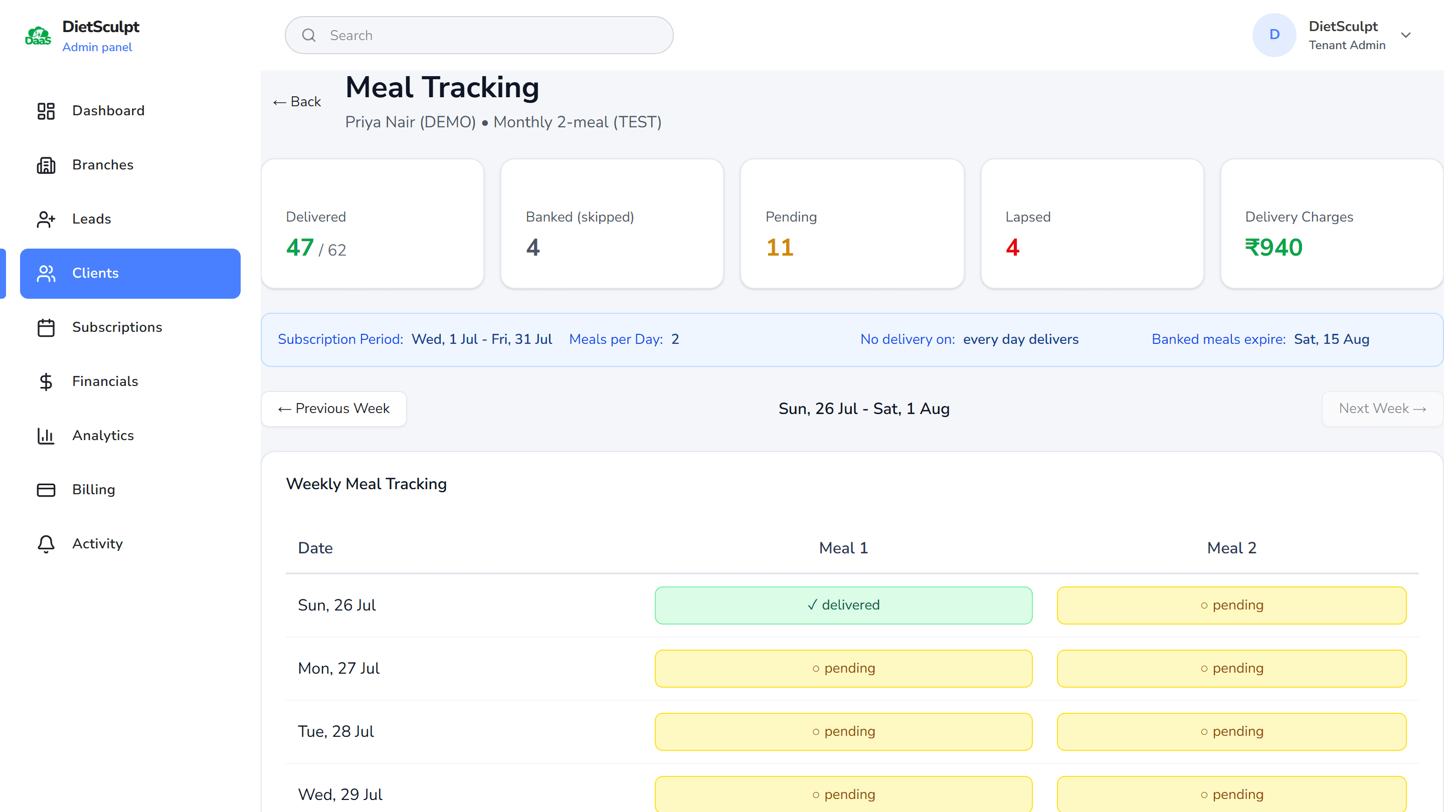 The DaaS meal tracking screen showing 47 of 62 meals delivered, counts for banked, pending and lapsed meals, and a weekly grid of delivered and pending meals.