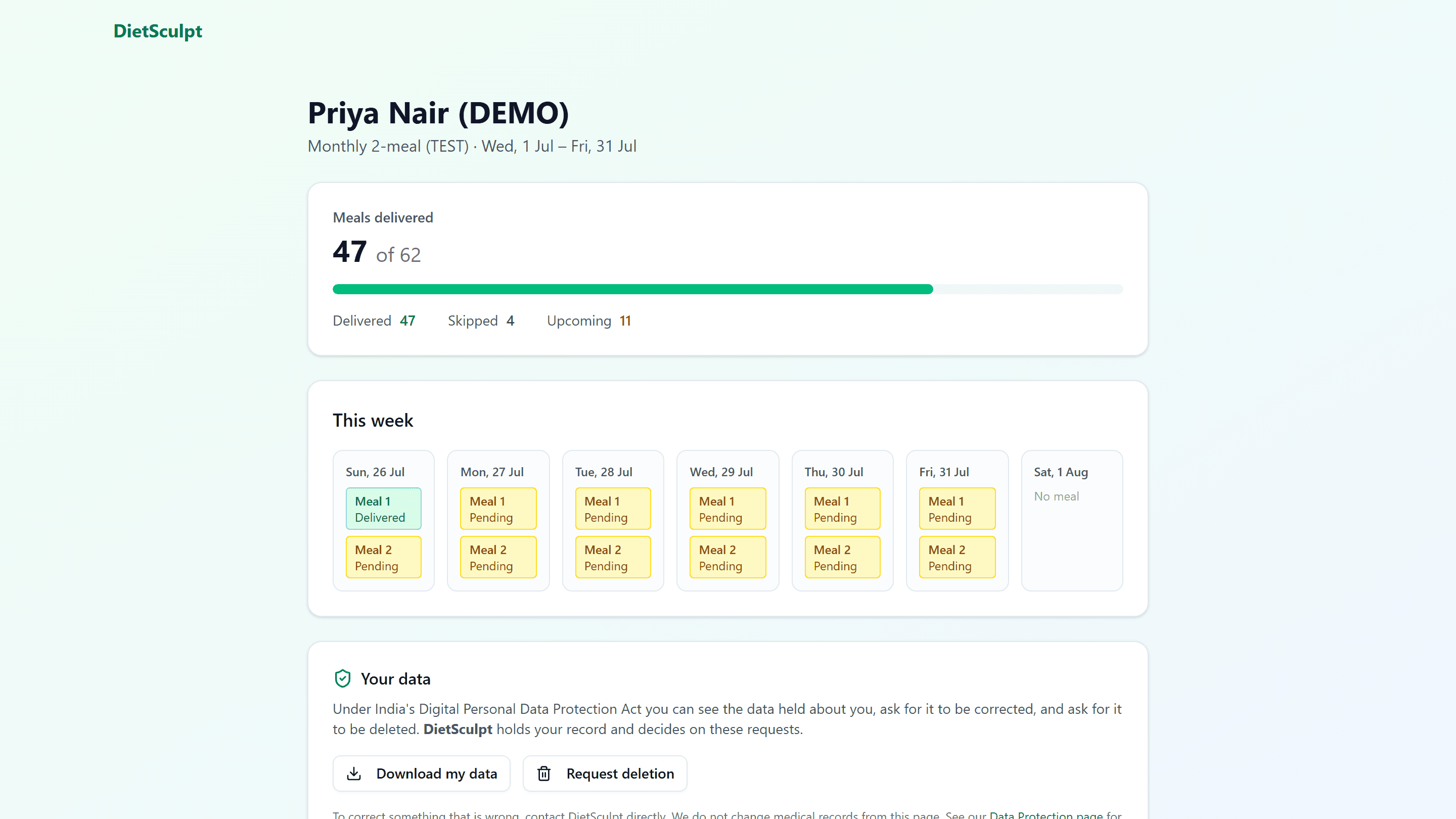 A client's own DaaS page, showing their meal progress and a data-rights panel offering to download their data or request its deletion under India's DPDP Act.